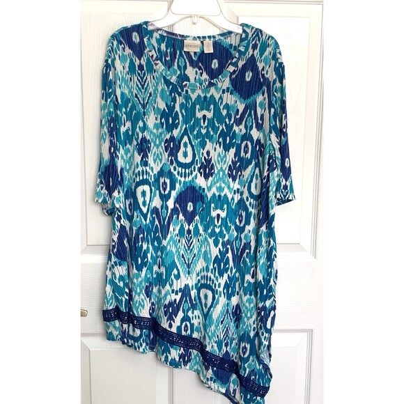 Chico's 3 Blue White Ikat Asymmetrical Tunic Top Blouse Size XL - Picture 2 of 5